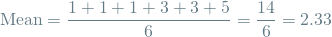 \[ \textrm{Mean} = \frac{1+1+1+3+3+5}{6}  = \frac{14}{6} = 2.33  \]