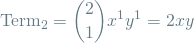 \[ \textrm{Term}_2 = {2 \choose 1} x^{1}y^1 = 2xy \]