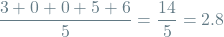 \[\frac{3 + 0 + 0 + 5 + 6}{5} = \frac{14}{5} = 2.8\]