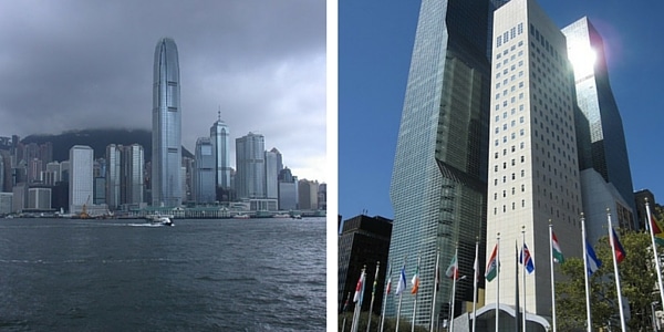 Two photos of big cities shown next to each other. Left photo shows cloudy weather, whereas right photo shows sunny weather.