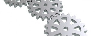 Three gray gears connected as a chain.
