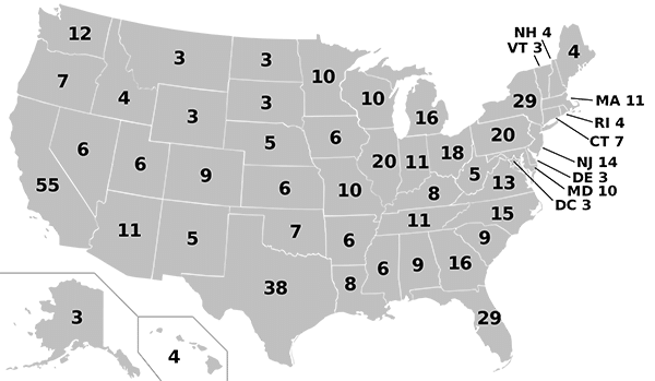 A US map showing the number of delegates each state gives