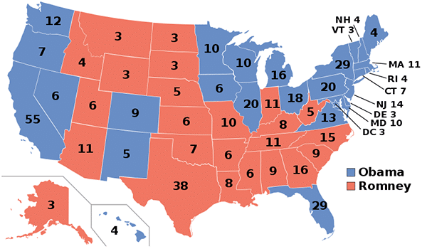 A color-coded map of the 2012 election results between Obama and Romney