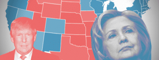 The US map with states colored blue/red, depending on the candidate who is favorite to win the state. Hillary Clinton and Donald Trump win probabilities are also displayed as text.. Additionally, the faces of the two candidates are at the foregroud
