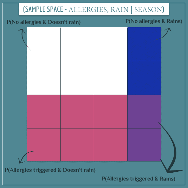 A square representing the conditional joint sample space of allergies and rain, given that the season is spring