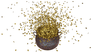 A large number of coins in the air, inside and above a metal container