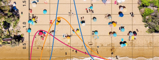 A set of binomial distributions laid on top of a beach background