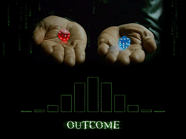 A discrete probability distribution, two hands holding dice, and a background referencing the movie The Matrix