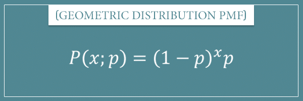 The probability mass function of a geometric distribution with input variable x and parameter p