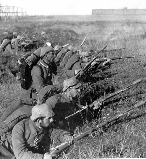 A photo of German soldiers holding rifles in the trenches during the battle of Marne in World War I