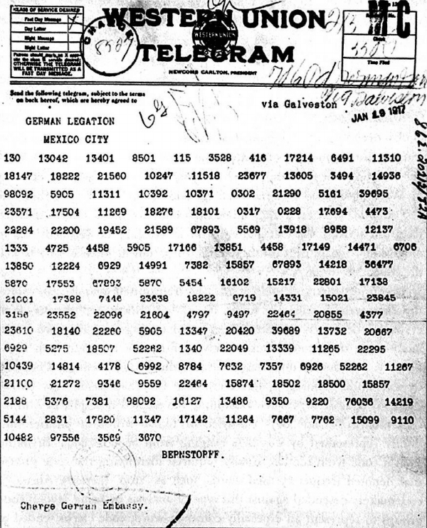 World War I codes: the Zimmermann Telegram written in code