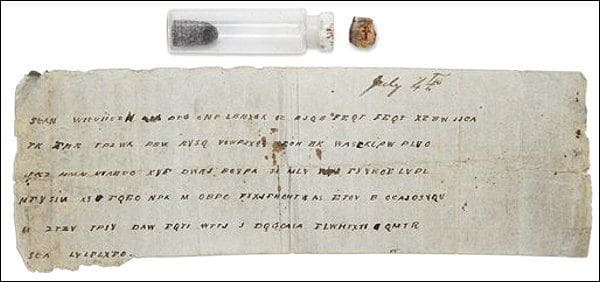 A cork bottle and a handwritten message on an old piece of paper. The message is enciphered with the Vigenère cipher