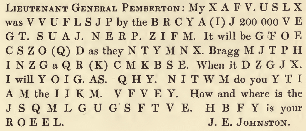 A partially enciphered letter from Gen. Johnston to Gen. Pemberton using the Vigenère cipher