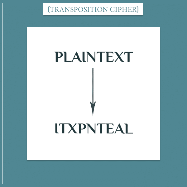 An illustration of a crytographic transposition cipher where the order of the letters in the text "plaintext" is mixed