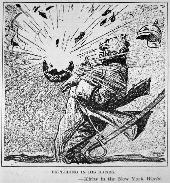 A caricature of the German foreign minister Arthur Zimmermann with a bomb representing his famous telegram exploding in his hands