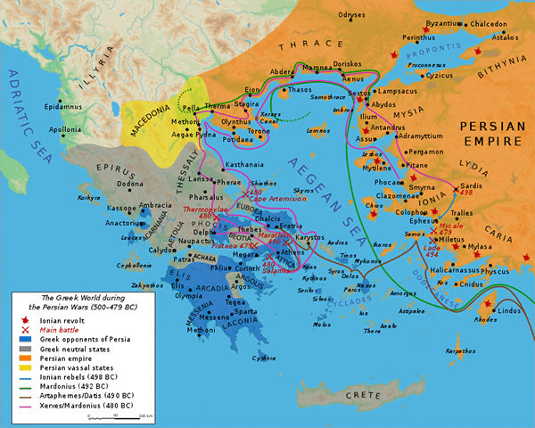 A map of the Greco-Persian Wars in 500-479 BCE