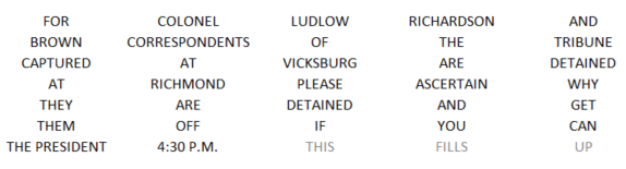 A 7 by 5 matrix containing Lincoln's telegram to colonel Ludlow