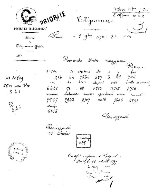 The encoded telegram by Panizzardi , along with the Italian meaning on top of each code block