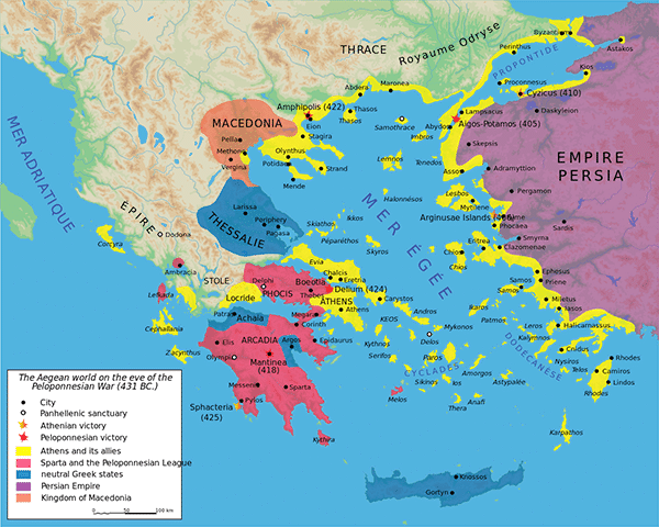 A map of the Peloponnesian War in 431–404 BCE