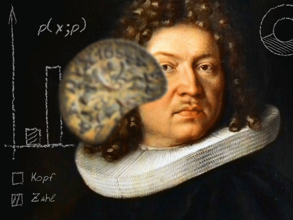 A portrait of Jacob Bernoulli with a 17th century Swiss coin in the background