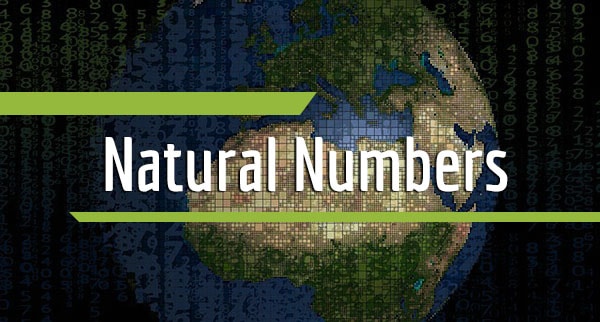 Many numbers of different sizes with the planet Earth in the background and the text "natural numbers" in the foreground