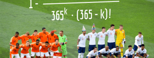 UEFA Nations League semi-final between Netherlands and England (prematch, 06/06/2019), with the birthday problem formula in the background