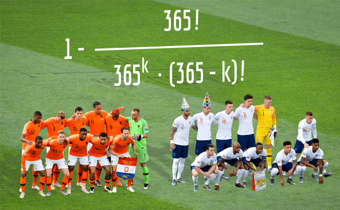UEFA Nations League semi-final between Netherlands and England (prematch, 06/06/2019), with the birthday problem formula in the background