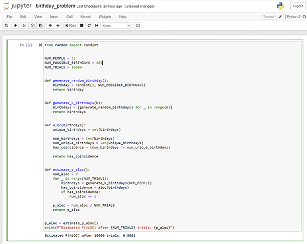 A screenshot of the birthday problem simulation results (a Jupyter Notebook file)