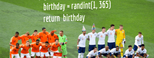 UEFA Nations League semi-final between Netherlands and England (prematch, 06/06/2019), with Python code related to the birthday problem in the background