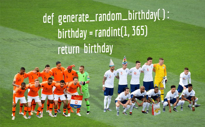 UEFA Nations League semi-final between Netherlands and England (prematch, 06/06/2019), with Python code related to the birthday problem in the background