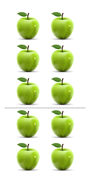 A picture of five rows of two green apples illustrating the distributive property of multiplication over addition for natural numbers