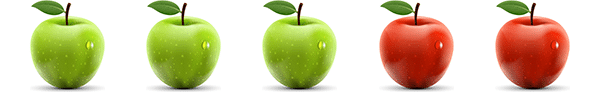 A picture of three green and two red apples (commutative property of addition for natural numbers)