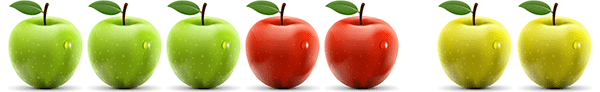 A picture of 3 green, 2 red, and 2 yellow apples illustrating the associative property of addition for natural numbers