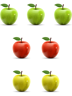 A picture of three rows of 3 green, 2 red, and 2 yellow apples