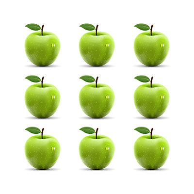 A picture of three rows of three green apples