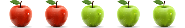 A picture of two red and three green apples (commutative property of addition)