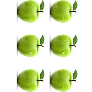 A picture of two rows of three green apples, rotated 90 degrees clockwise