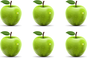 A picture of two rows of three green apples