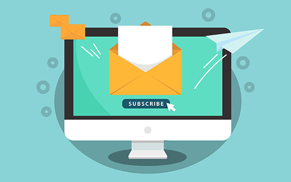 Subscribe to newsletter concept. Subscribe button with the cursor on the computer screen. Open message with the document. Paper airplane icon. Vector illustration