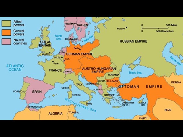 A map of Europe at the start of World War I