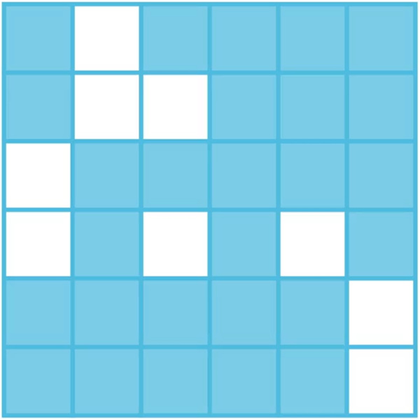 A 6 by 6 square consisting of 36 small squares (9 of which are removed), representing the key of the Grille cipher used during WWI